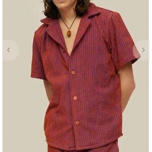 OAS Deep Cut Cuba Terry Shirt Mens Large Orange Purple Stripe Cotton